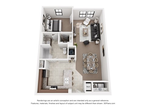 Floor plan for 1 bed, 1 bath, 743 sqft